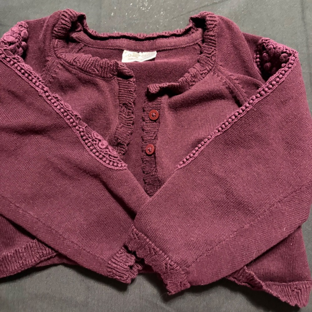 So Cute Girls Burgundy Cotton Knit Cropped Bolero Cardigan Floral Lace 98cm 2-3T